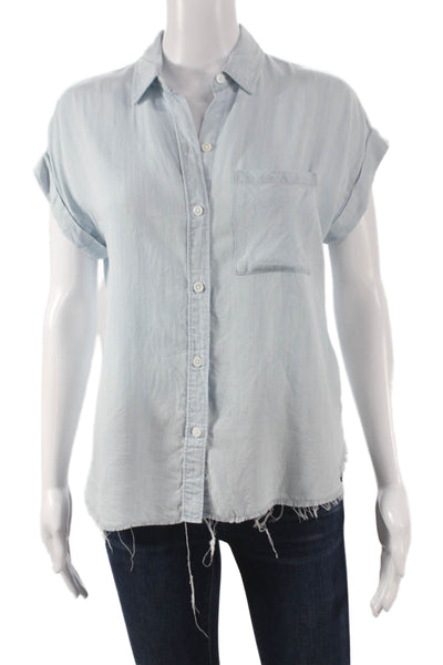 Rails Womens Basic Collared Button-Up Top Blue Lyocell Short Sleeve Size XS