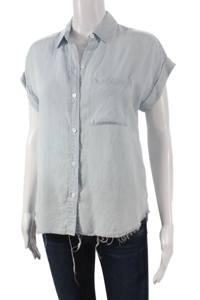 Rails Womens Basic Collared Button-Up Top Blue Lyocell Short Sleeve Size XS