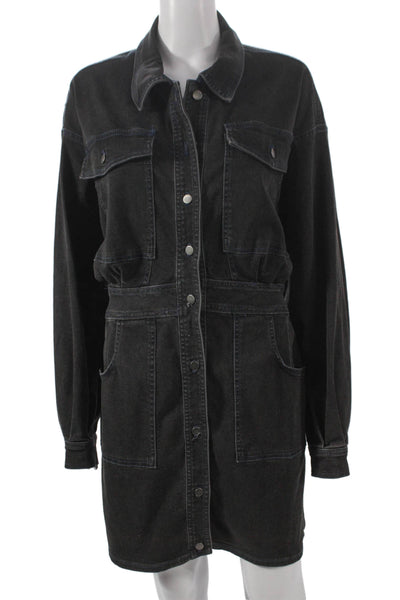 Free People Womens Shirt Dress Black Long Sleeve Collared Button Short Size M