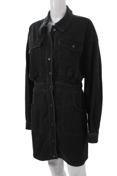 Free People Womens Shirt Dress Black Long Sleeve Collared Button Short Size M