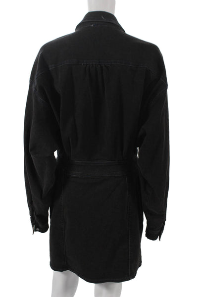 Free People Womens Shirt Dress Black Long Sleeve Collared Button Short Size M
