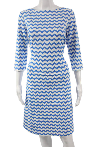 J. Mclaughlin Women Chevron Shift Dress Blue Boat Neck 3/4 Sleeve Nylon Size L