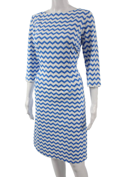 J. Mclaughlin Women Chevron Shift Dress Blue Boat Neck 3/4 Sleeve Nylon Size L