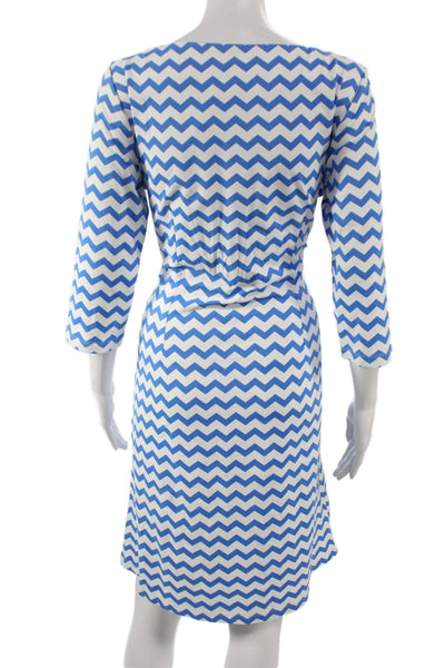 J. Mclaughlin Women Chevron Shift Dress Blue Boat Neck 3/4 Sleeve Nylon Size L