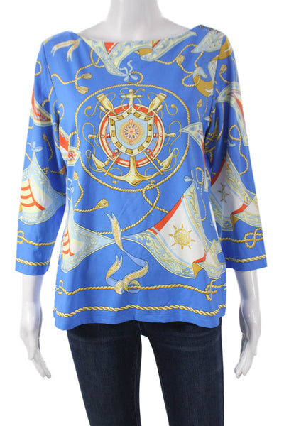 J. Mclaughlin Women Blue Basic Blouse Boat Neck 3/4 Sleeve Nautical Size L