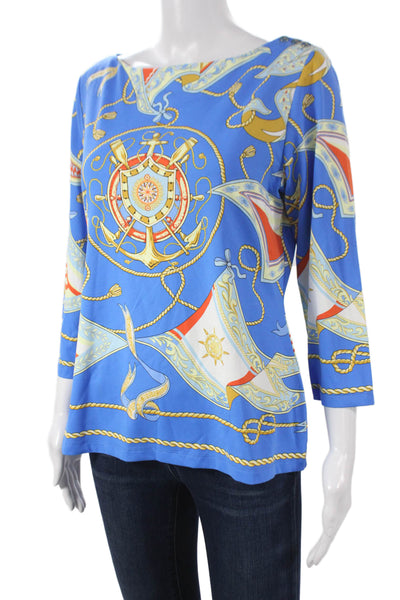 J. Mclaughlin Women Blue Basic Blouse Boat Neck 3/4 Sleeve Nautical Size L