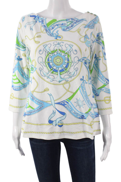 J. Mclaughlin Women Basic Blouse White Boat Neck 3/4 Sleeve Geometric Size L