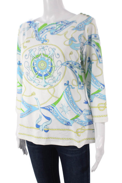 J. Mclaughlin Women Basic Blouse White Boat Neck 3/4 Sleeve Geometric Size L