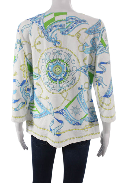 J. Mclaughlin Women Basic Blouse White Boat Neck 3/4 Sleeve Geometric Size L