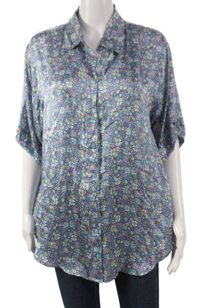 Frankies Bikinis Women Floral Silk Blend Collared Short Sleeve Button-Up Size M