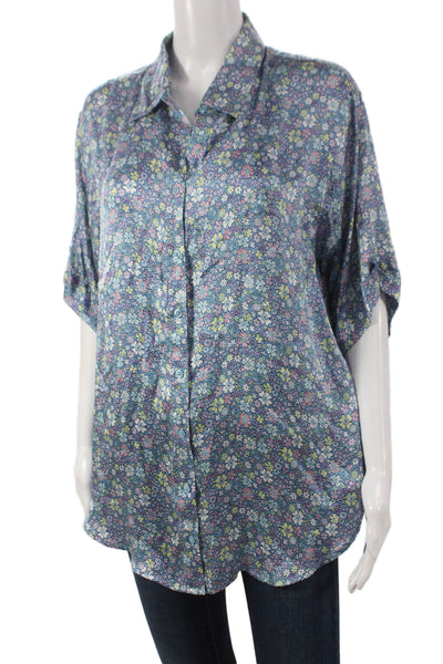 Frankies Bikinis Women Floral Silk Blend Collared Short Sleeve Button-Up Size M