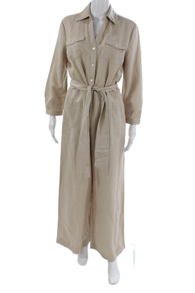J. Mclaughlin Women Beige Lyocell Jumpsuit Long Sleeve Collared Button Size M