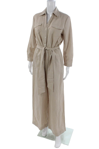 J. Mclaughlin Women Beige Lyocell Jumpsuit Long Sleeve Collared Button Size M