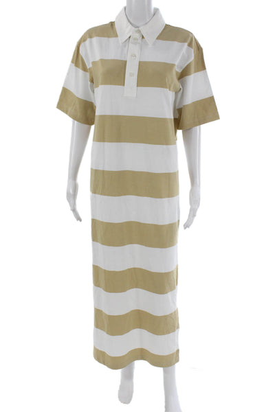 Le Bop Women Beige Striped Collared Short Sleeve Shirt Dress 100% Cotton Size S