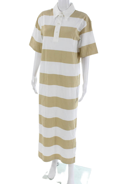 Le Bop Women Beige Striped Collared Short Sleeve Shirt Dress 100% Cotton Size S