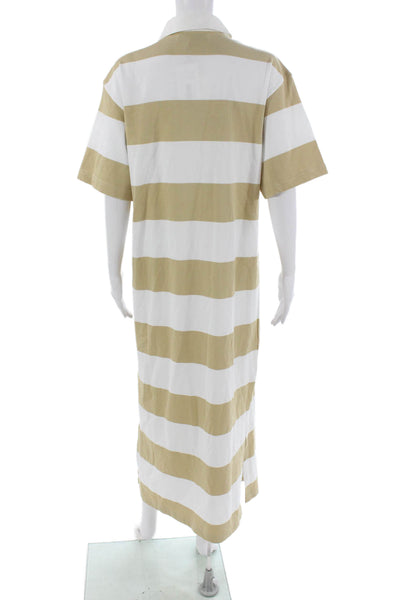 Le Bop Women Beige Striped Collared Short Sleeve Shirt Dress 100% Cotton Size S