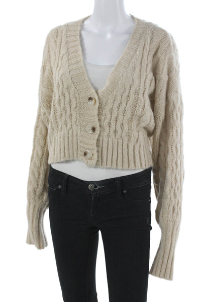 Emory Park Women Beige V-Neck Long Sleeve Cardigan Sweater Size M
