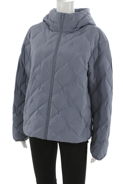 Uniqlo Women Puffer Jacket Gray Argyle Polyester Zip Long Sleeve Size M