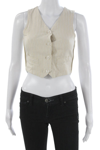 Les Coyotes De Paris Womens Striped V Neck Sleeveless Vest Beige Button Size 12