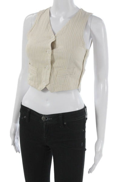 Les Coyotes De Paris Womens Striped V Neck Sleeveless Vest Beige Button Size 12