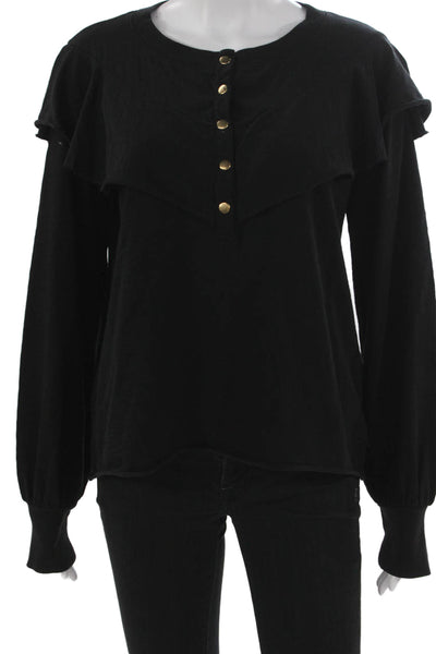 Nation LTD Womens Basic Henley Button Long Sleeve T-Shirt Black Cotton Size S