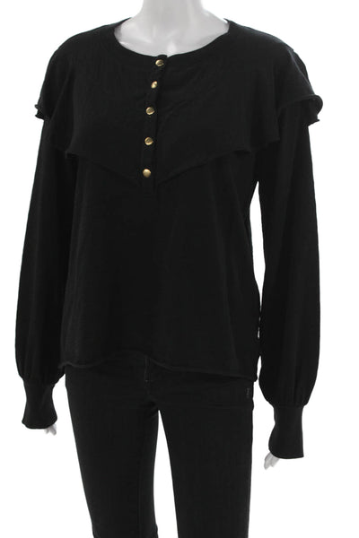Nation LTD Womens Basic Henley Button Long Sleeve T-Shirt Black Cotton Size S