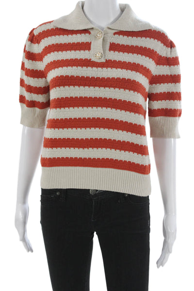 THML Womens Pullover Sweater Striped Collared Short Sleeve Orange Size S