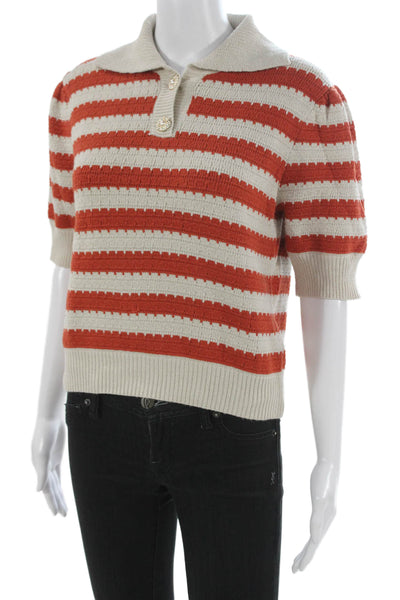 THML Womens Pullover Sweater Striped Collared Short Sleeve Orange Size S