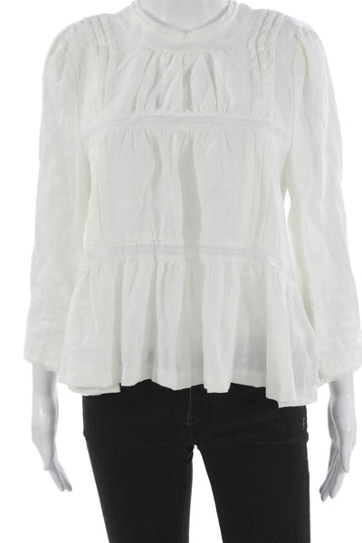 McGuire Women Basic White Cotton Mock Neck Long Sleeve Button Blouse Size M