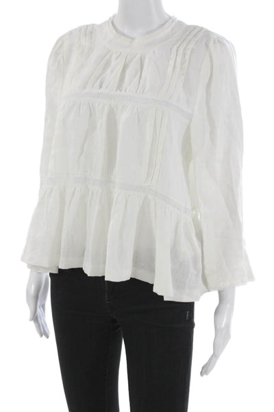 McGuire Women Basic White Cotton Mock Neck Long Sleeve Button Blouse Size M