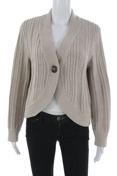 DH New York Women Cardigan Collared Long Sleeve Beige 100% Cotton Size S