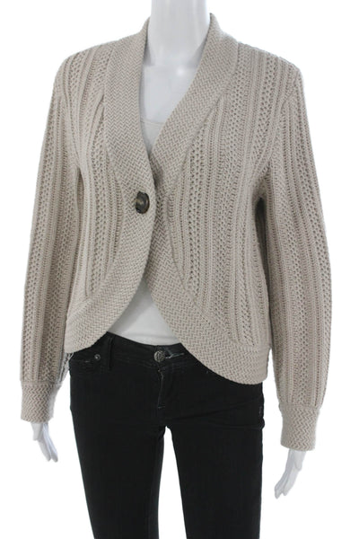 DH New York Women Cardigan Collared Long Sleeve Beige 100% Cotton Size S