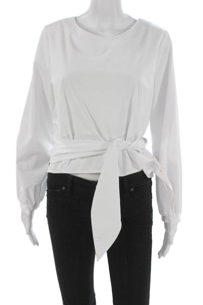 Drew Women Cropped White Blouse Long Sleeve Round Neck Size M