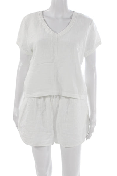Bobi Women V Neck Short Sleeve Cotton Set White Size S