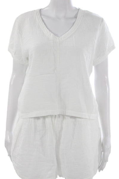 Bobi Women V Neck Short Sleeve Cotton Set White Size S