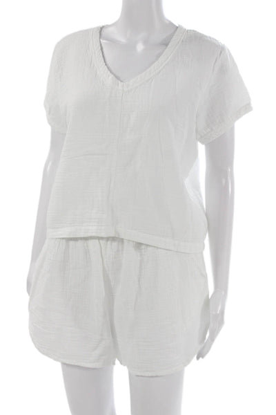 Bobi Women V Neck Short Sleeve Cotton Set White Size S