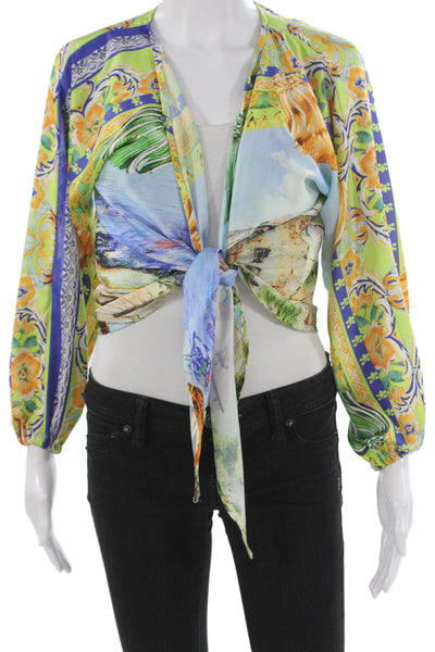 Muze Women Cropped Satin Floral V-Neck 3/4 Sleeve Tie Blouse Size S