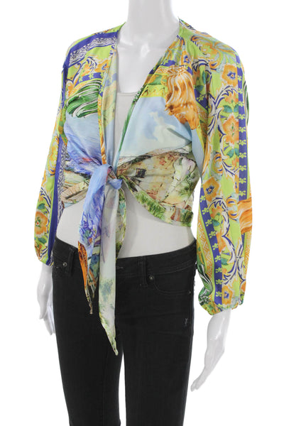 Muze Women Cropped Satin Floral V-Neck 3/4 Sleeve Tie Blouse Size S