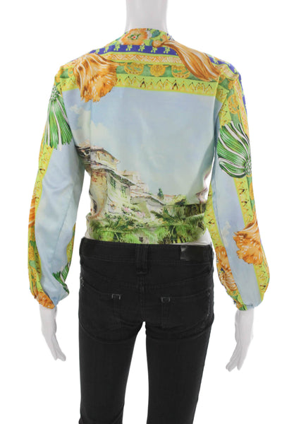 Muze Women Cropped Satin Floral V-Neck 3/4 Sleeve Tie Blouse Size S