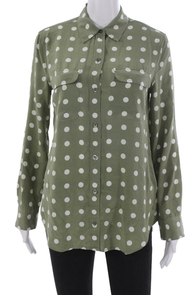 Equipment Femme Women Green Silk Polka Dot Long Sleeve Blouse Size XS