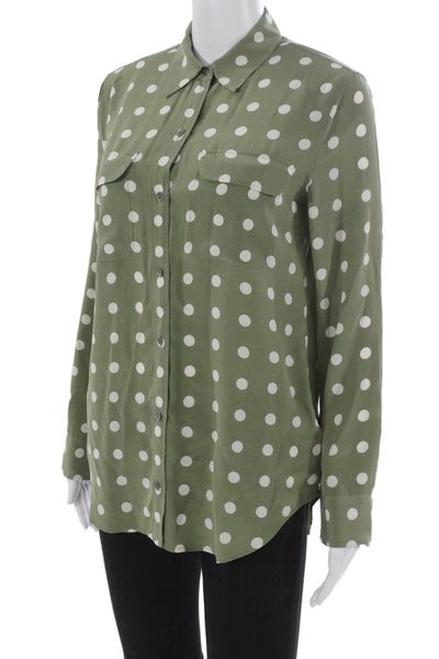 Equipment Femme Women Green Silk Polka Dot Long Sleeve Blouse Size XS