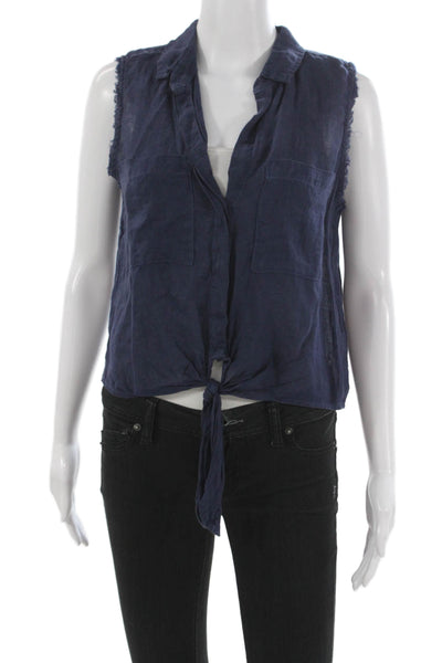 Bella Dahl Womens Cropped Button-Up Sleeveless Collared Linen Top Blue Size XS