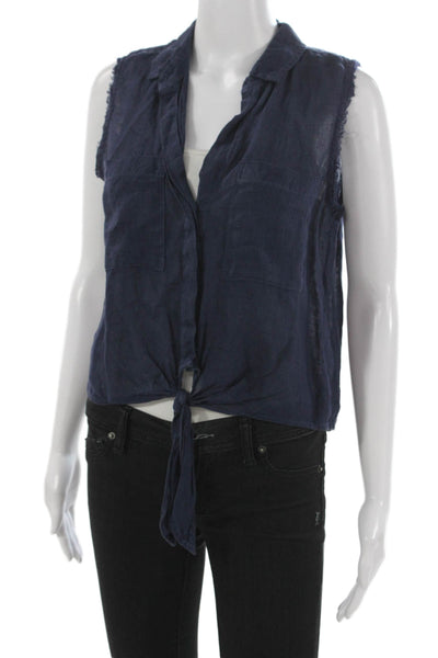 Bella Dahl Womens Cropped Button-Up Sleeveless Collared Linen Top Blue Size XS