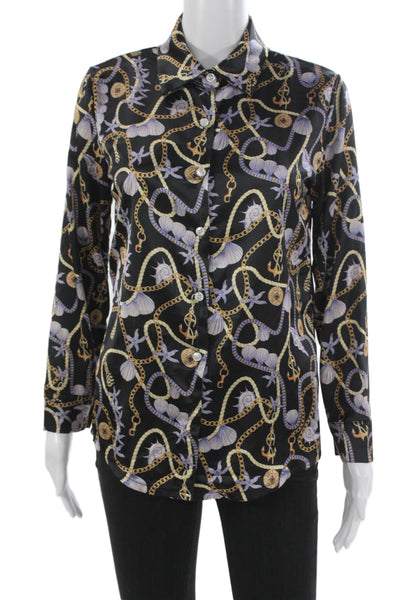 Muze Women Collared Nautical Chain Shell Print Button Up Long Sleeve Top Size S