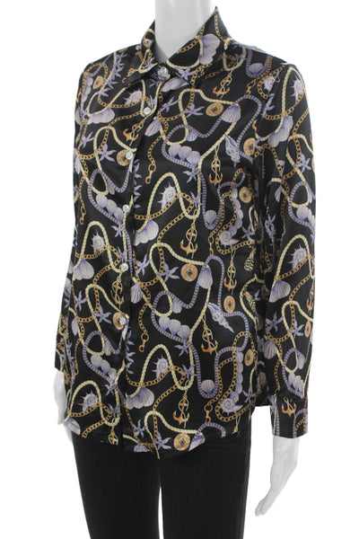 Muze Women Collared Nautical Chain Shell Print Button Up Long Sleeve Top Size S