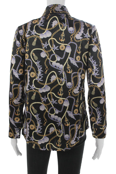 Muze Women Collared Nautical Chain Shell Print Button Up Long Sleeve Top Size S
