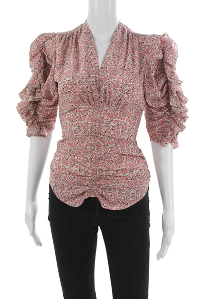 Isabel Marant Women Blouse Silk Pink V Neck Floral 3/4 Sleeve Zip Size 34