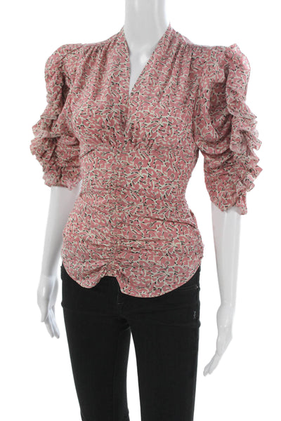 Isabel Marant Women Blouse Silk Pink V Neck Floral 3/4 Sleeve Zip Size 34
