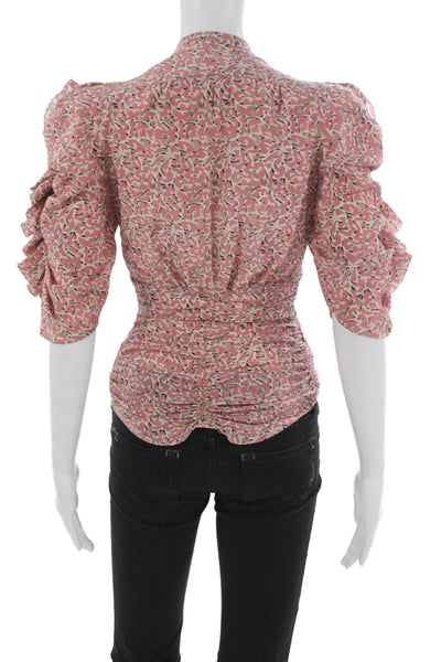 Isabel Marant Women Blouse Silk Pink V Neck Floral 3/4 Sleeve Zip Size 34
