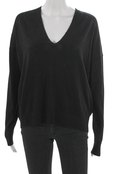 CO Women Pullover Sweater V-Neck Black 100% Wool Long Sleeve Size S